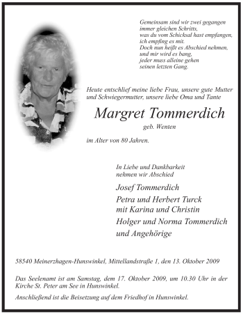 Traueranzeige von Margret Tommerdich von Tageszeitung