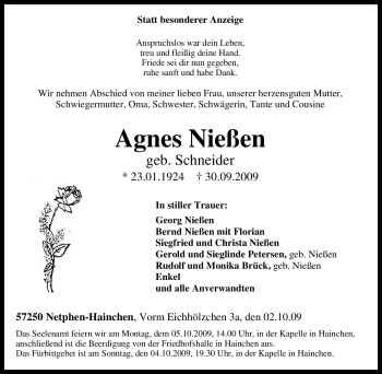 Traueranzeige von Agnes Nießen von Tageszeitung