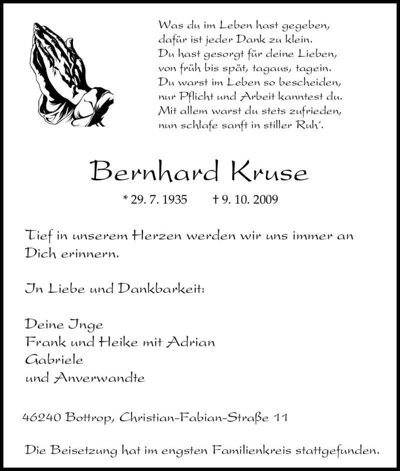 Traueranzeigen von Bernhard Kruse TrauerinNRW.de