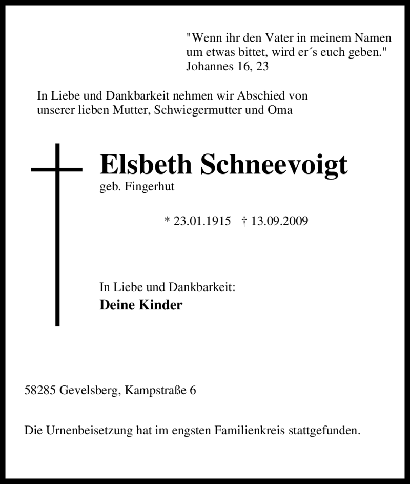  Traueranzeige für Elsbeth Schneevoigt vom 02.10.2009 aus Tageszeitung