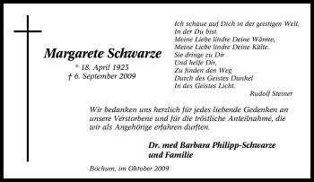 Traueranzeige von Margarete Schwarze von Tageszeitung