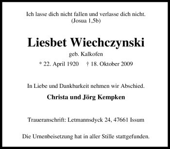 Traueranzeige von Liesbet Wiechczynski von Tageszeitung