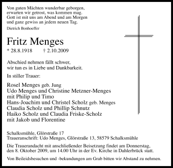 Traueranzeige von Fritz Menges von Tageszeitung