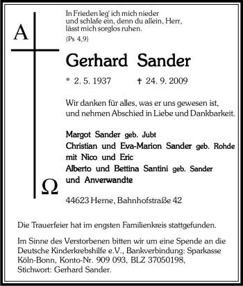 Traueranzeige von Gerhard Sander von Tageszeitung