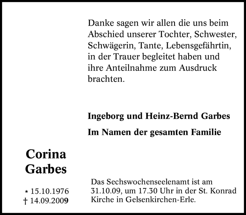  Traueranzeige für Corina Garbes vom 10.10.2009 aus Tageszeitung
