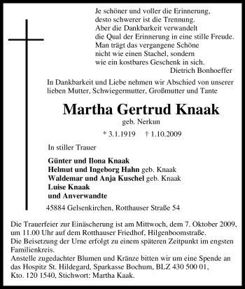 Traueranzeige von Martha Gertrud Knaak von Tageszeitung