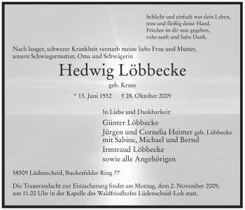Traueranzeige von Hedwig Löbbecke von Tageszeitung