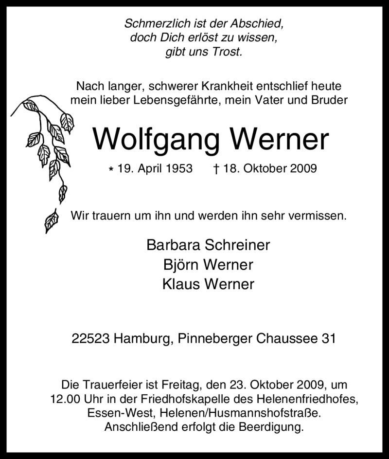  Traueranzeige für Wolfgang Werner vom 21.10.2009 aus Tageszeitung