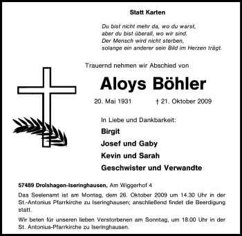 Traueranzeige von Aloys Böhler von Tageszeitung