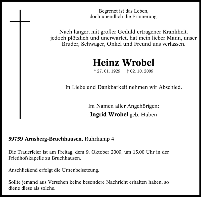 Traueranzeigen von Heinz Wrobel | Trauer-in-NRW.de