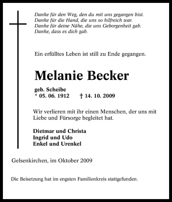 Traueranzeige von Melanie Becker von Tageszeitung