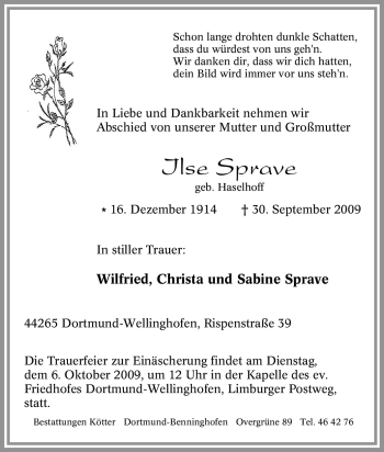 Traueranzeige von Ilse Sprave von Tageszeitung
