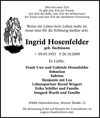 Traueranzeige von Ingrid Hosenfelder von Tageszeitung