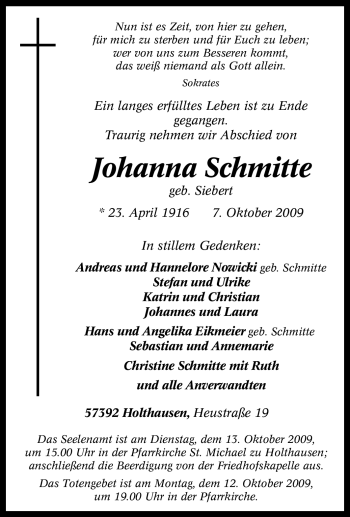 Traueranzeige von Johanna Schmitte von Tageszeitung
