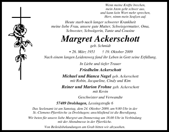 Traueranzeige von Margret Ackerschott von Tageszeitung