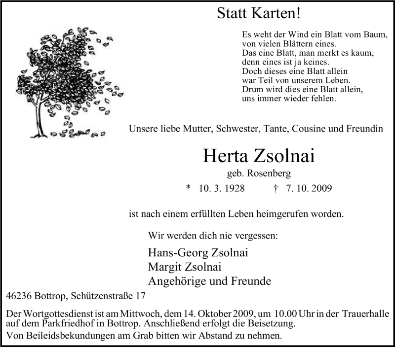  Traueranzeige für Herta Zsolnai vom 10.10.2009 aus Tageszeitung