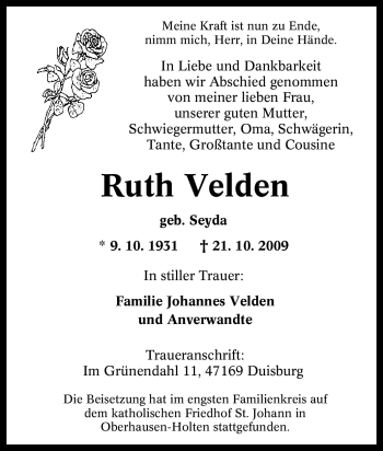 Traueranzeige von Ruth Velden von Tageszeitung