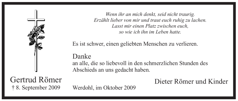  Traueranzeige für Gertrud Römer vom 14.10.2009 aus Tageszeitung