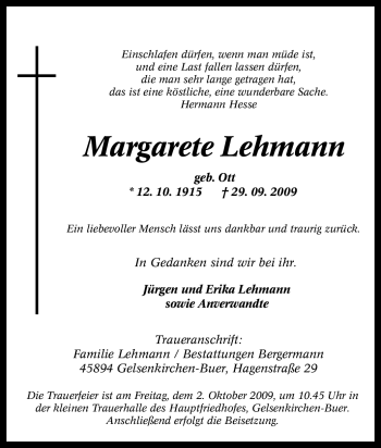 Traueranzeige von Margarete Lehmann von Tageszeitung