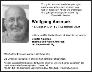 Traueranzeige von Wolfgang Amersek von Tageszeitung