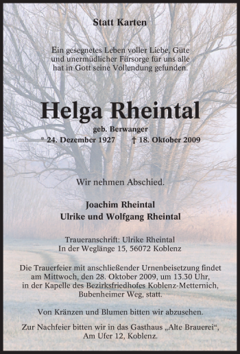 Traueranzeige von Helga Rheintal von Tageszeitung