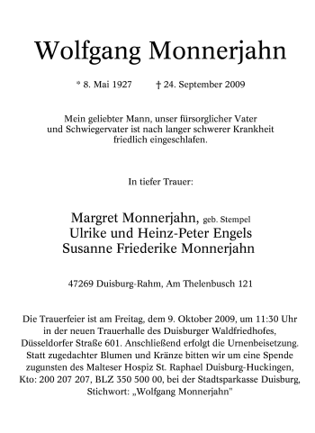 Traueranzeige von Wolfgang Monnerjahn von Tageszeitung
