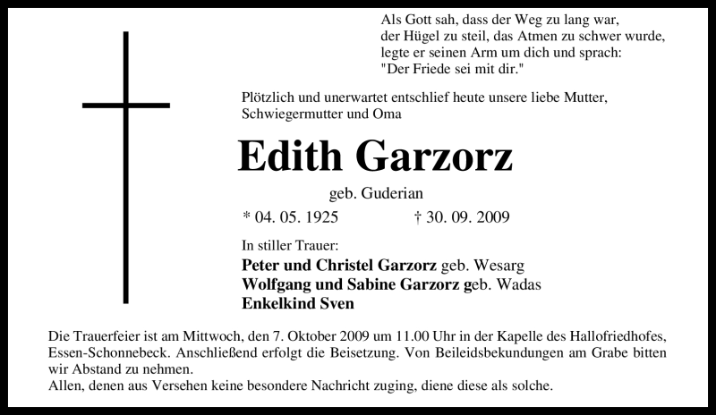  Traueranzeige für Edith Garzorz vom 03.10.2009 aus Tageszeitung