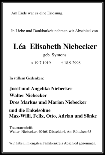 Traueranzeige von Léa Elisabeth Niebecker von Tageszeitung