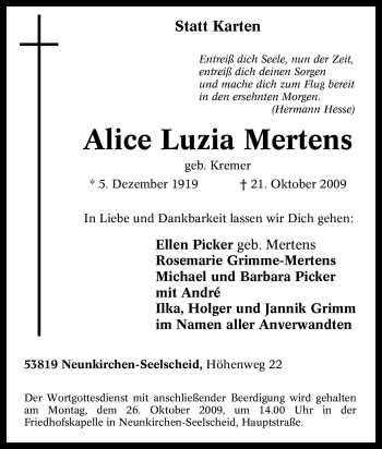 Traueranzeige von Alice Luzia Mertens von Tageszeitung