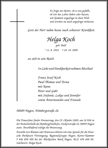 Traueranzeige von Helga Koch von Tageszeitung