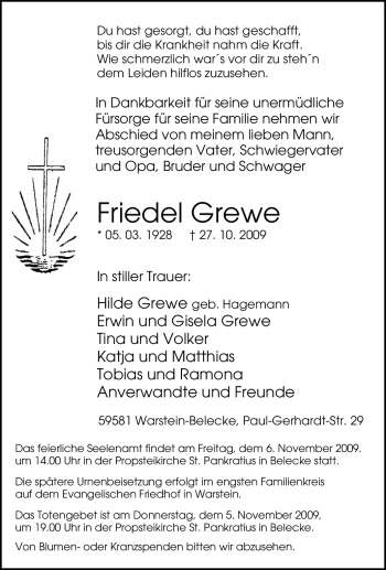 Traueranzeige von Friedel Grewe von Tageszeitung