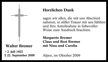 Traueranzeige von Walter Bremer von Tageszeitung