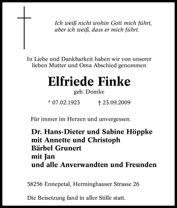 Traueranzeige von Elfriede Finke von Tageszeitung