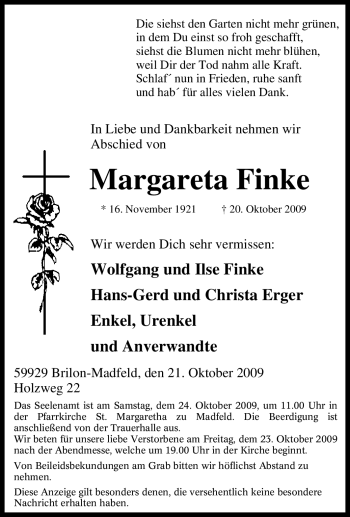 Traueranzeige von Margareta Finke von Tageszeitung