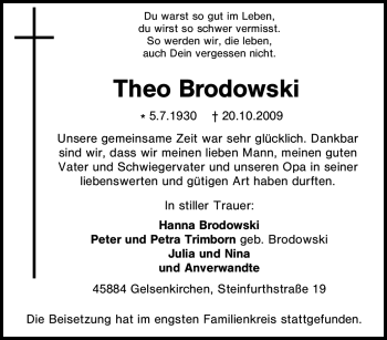 Traueranzeige von Theo Brodowski von Tageszeitung