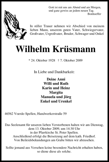 Traueranzeige von Wilhelm Krüsmann von Tageszeitung