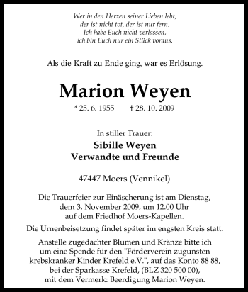 Traueranzeige von Marion Weyen von Tageszeitung