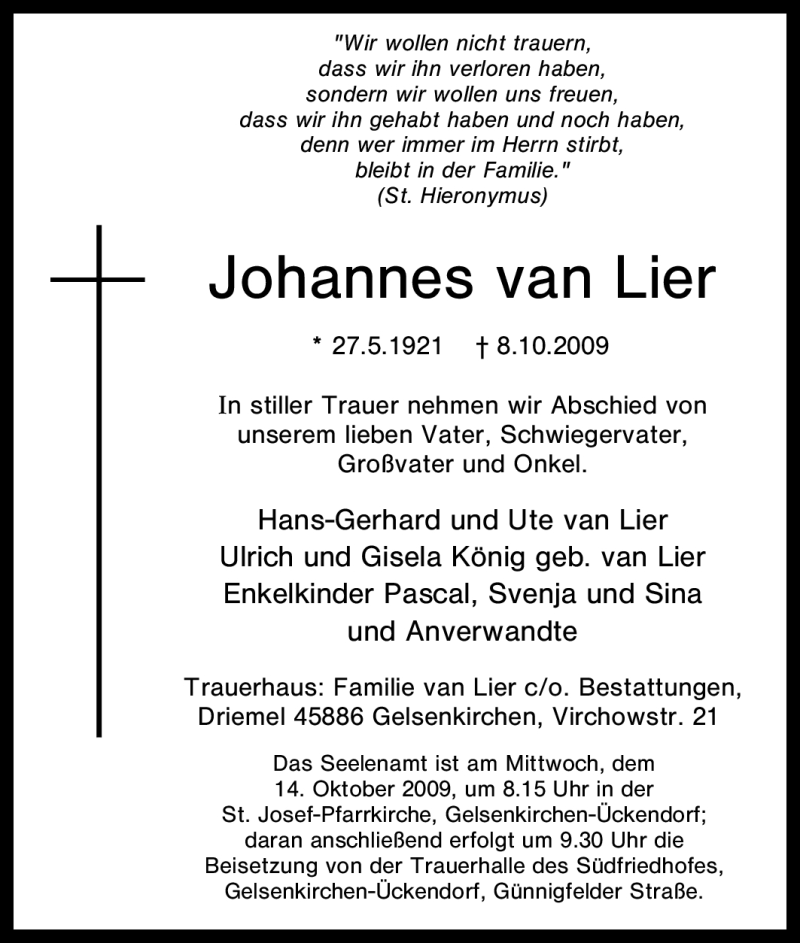  Traueranzeige für Johannes van Lier vom 10.10.2009 aus Tageszeitung