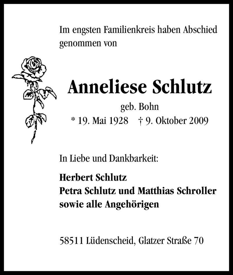 Traueranzeige für Anneliese Schlutz vom 16.10.2009 aus Tageszeitung