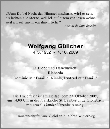 Traueranzeige von Wolfgang Gülicher von Tageszeitung