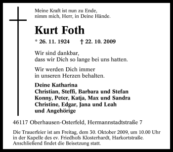 Traueranzeige von Kurt Foth von Tageszeitung