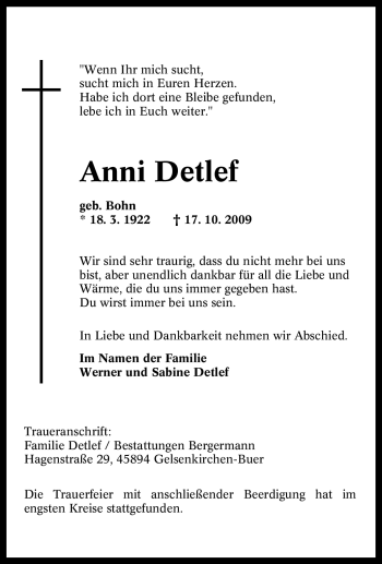 Traueranzeige von Anni Detlef von Tageszeitung