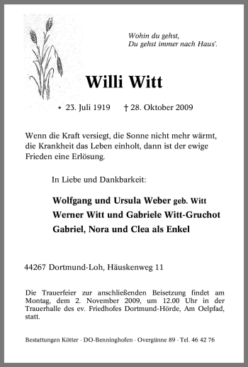 Traueranzeige von Willi Witt von Tageszeitung