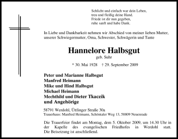 Traueranzeige von Hannelore Halbsgut von Tageszeitung