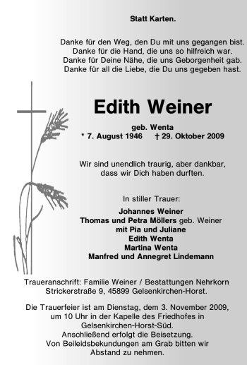 Traueranzeige von Edith Weiner von Tageszeitung