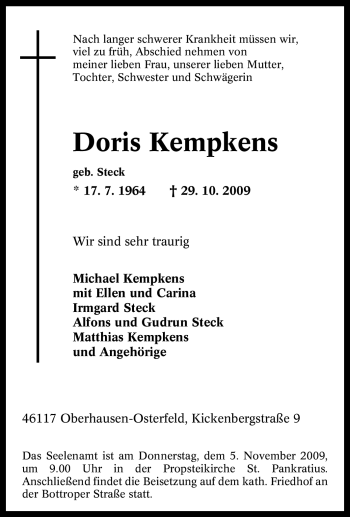 Traueranzeige von Doris Kempkens von Tageszeitung