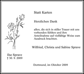Traueranzeige von Ilse Sprave von Tageszeitung