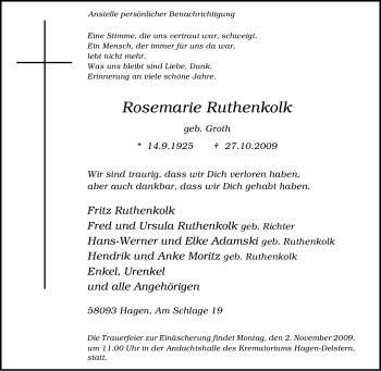 Traueranzeige von Rosemarie Ruthenkolk von Tageszeitung