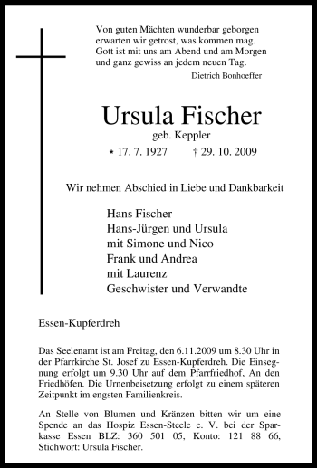 Traueranzeige von Ursula Fischer von Tageszeitung