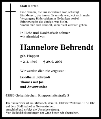 Traueranzeige von Hannelore Behrendt von Tageszeitung